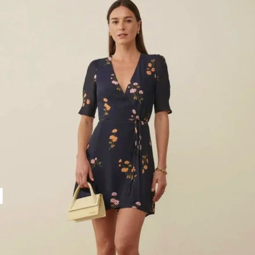 Reformation Luck Wrap Dress in Navy Floral